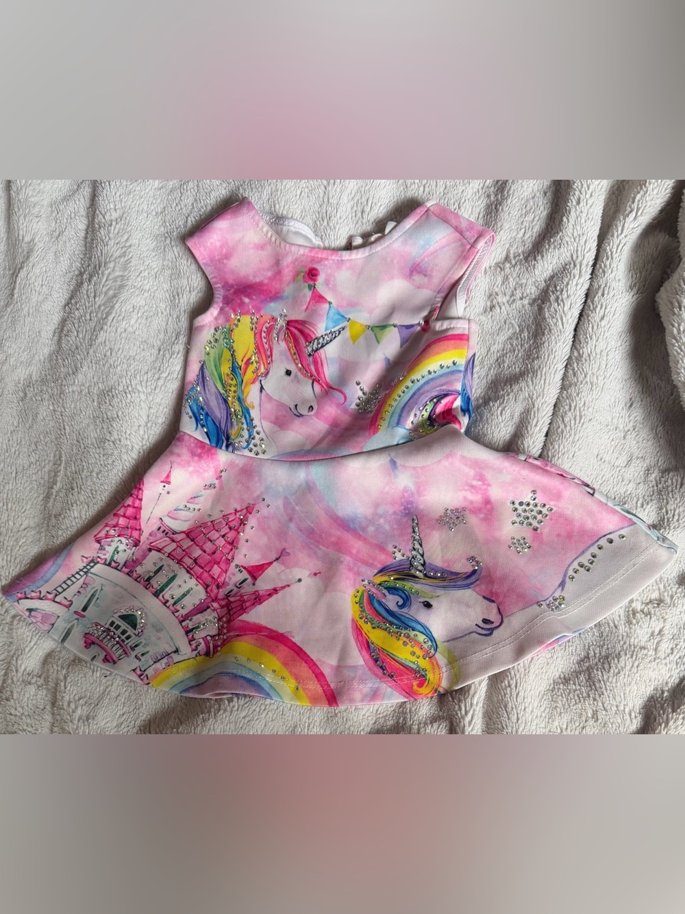 Girls Pink Unicorn  Glitter Sparkle Rainbow Skater Dress